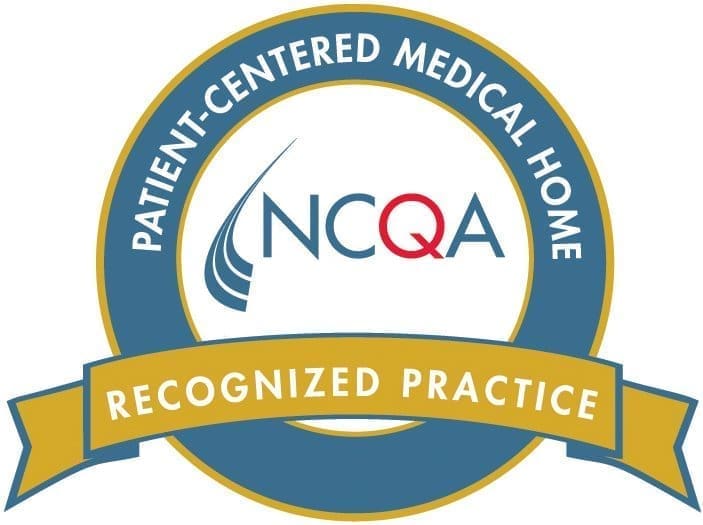 A circular badge with Patient-Centered Medical Home around the edge, NCQA in the center, and a gold ribbon at the bottom that says Recognized Practice.