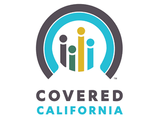 Covered California logo featuring four stylized human figures in green, gold, blue, and gray inside a circular blue and gray arch, with the words COVERED CALIFORNIA below in bold letters.