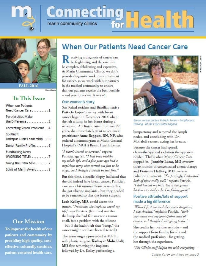A newsletter titled Connecting for Health from Marin Community Clinics features articles about cancer care, clinic updates, and community news, with a photo of a smiling woman outdoors and a sidebar listing the newsletter’s contents.