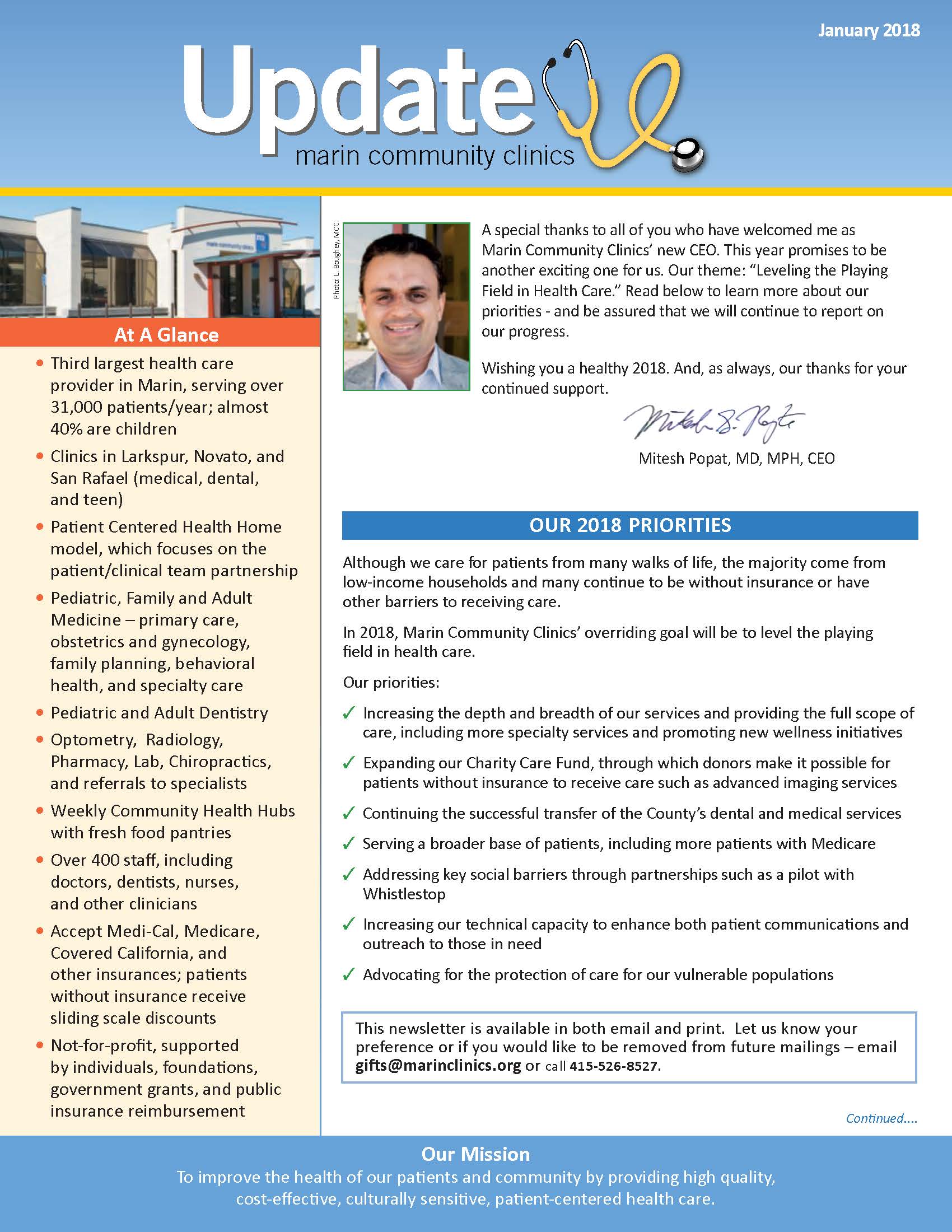A newsletter from Marin Community Clinics (January 2018) featuring a message from CEO Mitesh Popat, a list of services, 2018 priorities, and a photo of Dr. Popat. Includes contact info and the clinics mission statement.