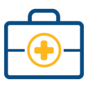 A simple illustration of a blue medical briefcase with a yellow cross symbol in the center, representing a first aid kit or healthcare services.