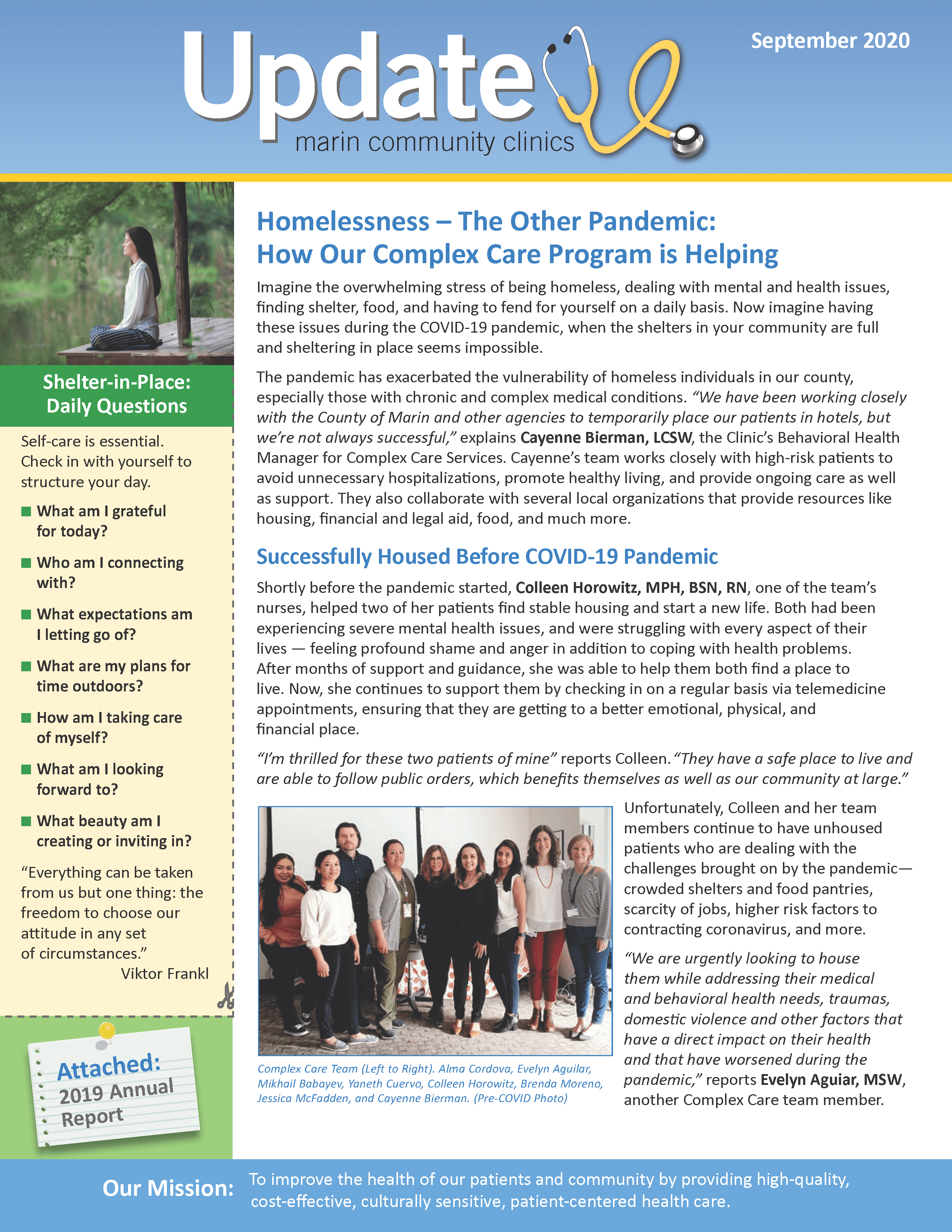 Newsletter cover with articles on homelessness and patient care, a sidebar with shelter-in-place questions, a group photo of healthcare staff, and the Marin Community Clinics logo at the top. Blue and yellow accents throughout.