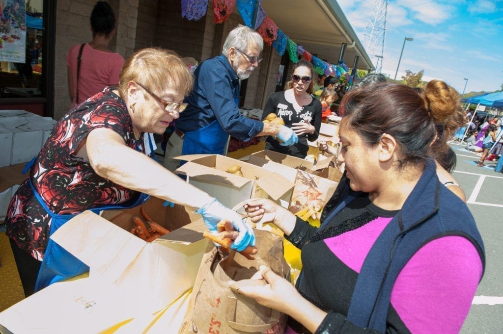 Volunteers stand behind tables, handing out groceries and fresh produce to people holding paper bags at an outdoor community food distribution event on a sunny day.