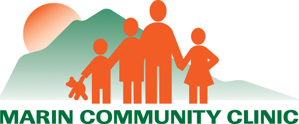 Logo for Marin Community Clinic featuring orange silhouettes of a family of four, with the smallest child holding a teddy bear, standing in front of green hills and a rising sun, with the clinic name in green text below.