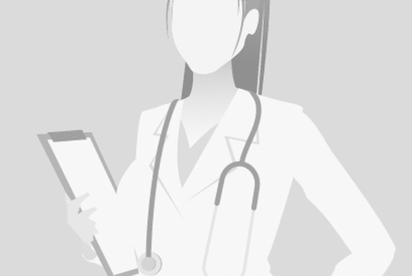 Illustration of a faceless female doctor wearing a white coat and stethoscope, holding a clipboard in one hand, standing with her other hand on her hip.