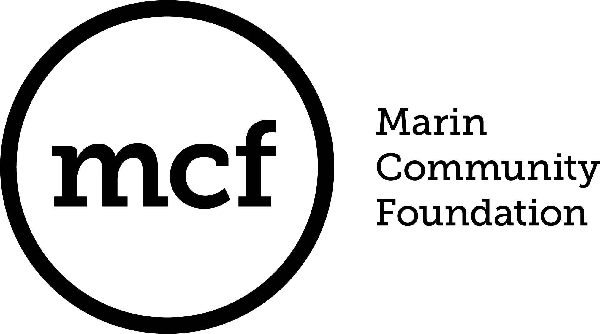 Black text mcf in lowercase inside a thick black circle, with the words Marin Community Foundation in black stacked to the right on a white background.