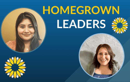 Two women are pictured in separate circular frames on a blue background with yellow and white flower designs. Text reads “Homegrown Leaders” in large letters.