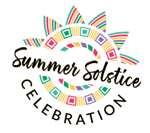 A colorful sunburst design with geometric patterns encircles the words Summer Solstice Celebration written in flowing black script.