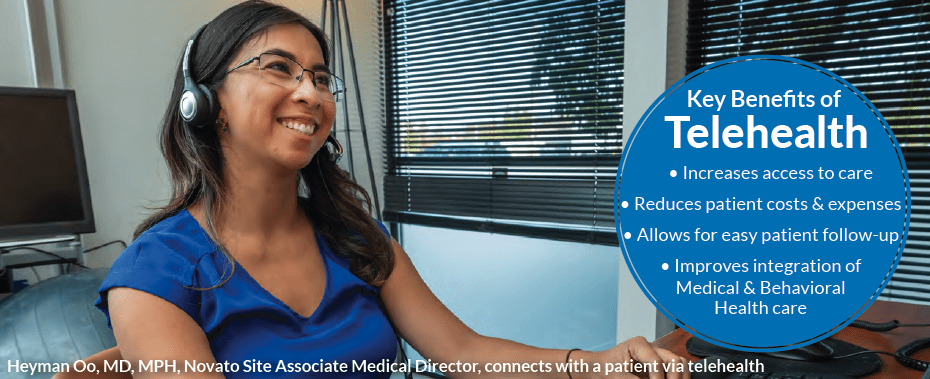 A smiling woman wearing a headset sits at a desk with a computer. A blue graphic lists telehealth benefits: increased access, reduced costs, easy follow-up, and integrated care. Sunlit windows are in the background.