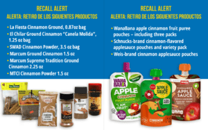 Split screen image: Left side shows a list of recalled cinnamon products and photos of various cinnamon containers. Right side lists recalled fruit puree pouches with cinnamon and displays five types of cinnamon apple puree pouches. Text is in English and Spanish.