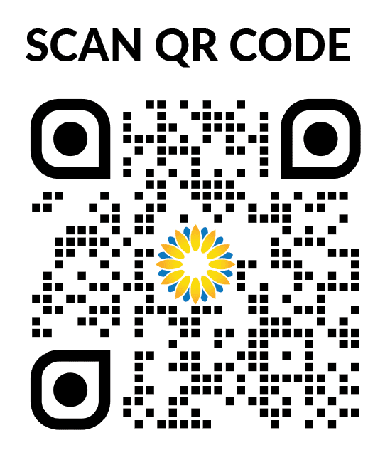 Black and white QR code with a blue and yellow flower design in the center. Above the QR code are the words SCAN QR CODE in bold, black letters (to Donate)