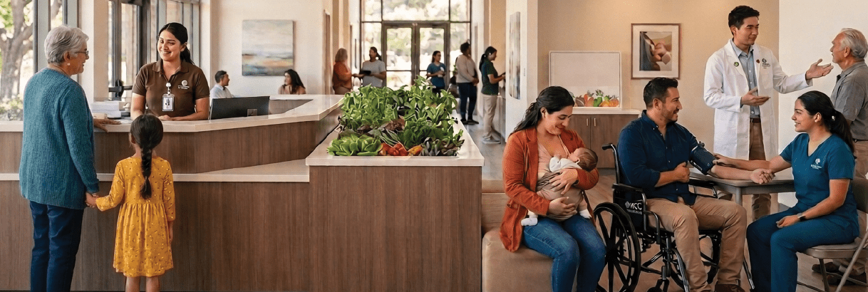 A bright clinic lobby with patients and staff. A receptionist greets an elderly woman and young girl; a mother nurses her baby; a man in a wheelchair has his blood pressure taken; a doctor consults with a patient.
