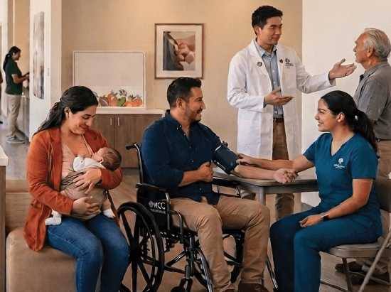 A woman holds a baby while sitting next to a man in a wheelchair having his blood pressure checked by a nurse. A doctor talks to an older man in the background in a clinic setting.