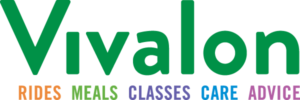 The Vivalon logo in green text, with the words RIDES, MEALS, CLASSES, CARE, and ADVICE below in orange, green, purple, blue, and lavender.