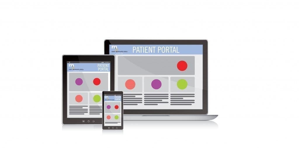Illustration of a patient portal website displayed on a laptop, tablet, and smartphone, each showing a similar layout with colored circles and text blocks on the screens.