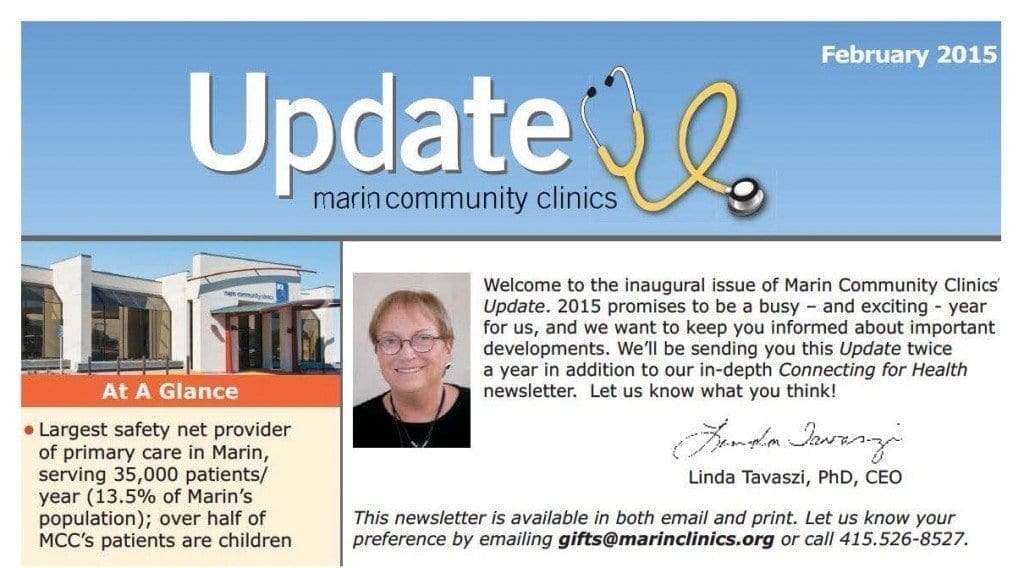 A newsletter from Marin Community Clinics, February 2015, featuring a stethoscope, a photo of CEO Linda Tavaszi, clinic statistics, and contact info for newsletter subscriptions.