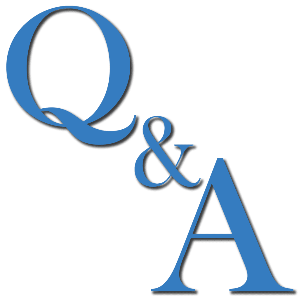 Large blue letters Q & A on a light background, with the Q and A in uppercase and the ampersand in lowercase, all casting subtle shadows.