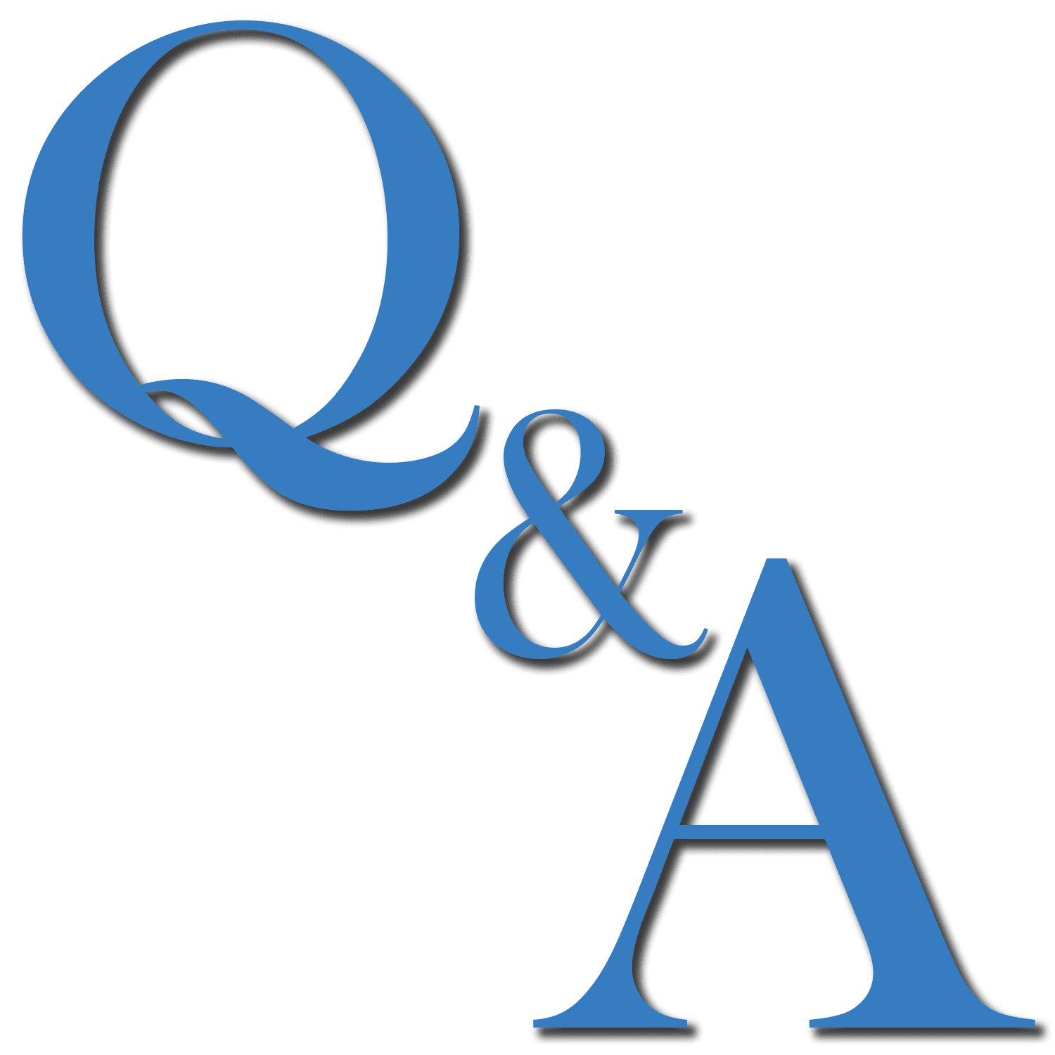Large blue letters Q & A on a light background, with the Q and A in uppercase and the ampersand in lowercase, all casting subtle shadows.