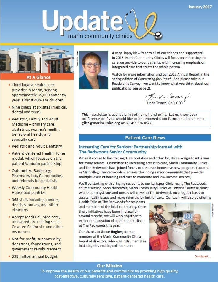 A newsletter from Marin Community Clinics featuring updates, a letter from the CEO, statistics about clinic services, a photo of the CEO, and information about increased care for seniors. Blue, yellow, and white color scheme.