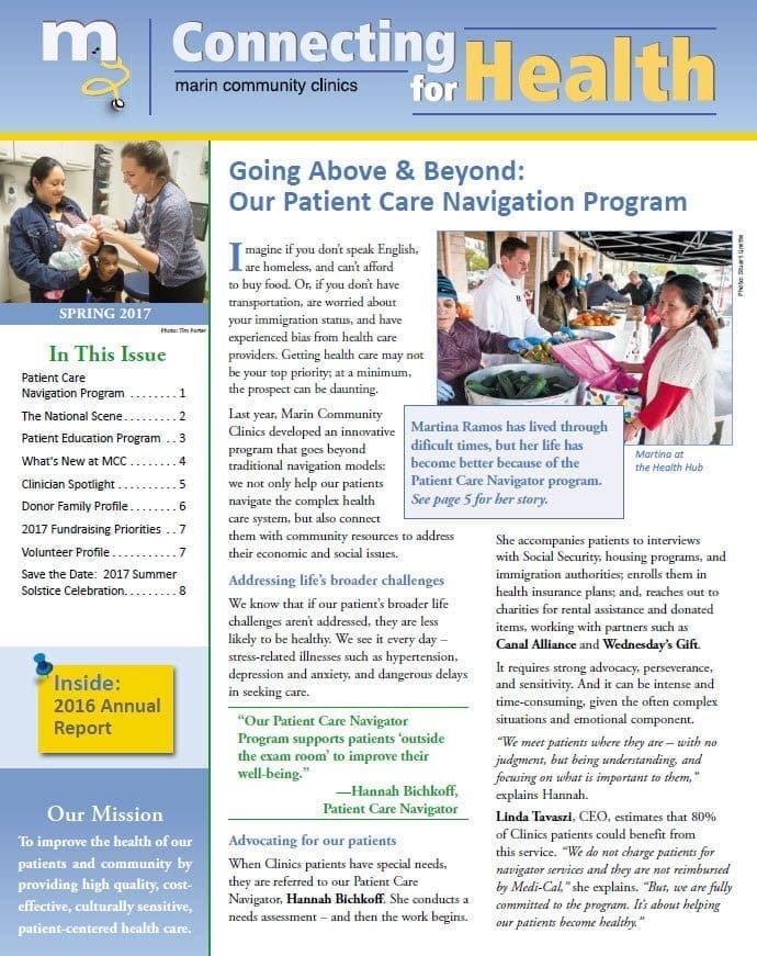 A newsletter page titled Connecting for Health from Marin Community Clinics, featuring an article about a patient care navigation program, images of staff assisting patients, and a table of contents on the left.