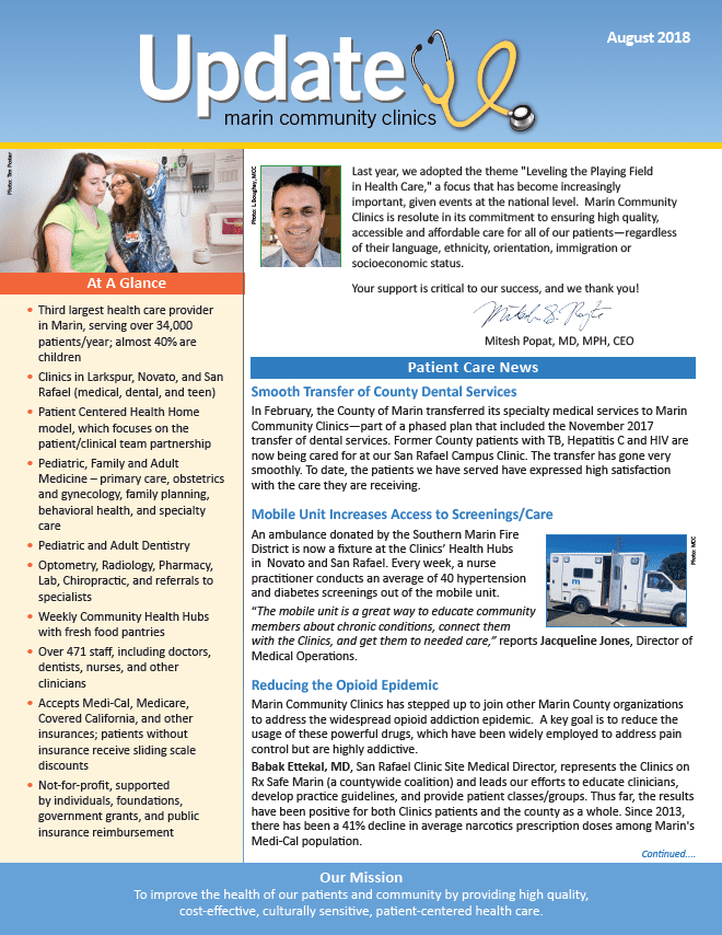 Newsletter page for Marin Community Clinics, August 2018, includes messages from the CEO, clinic updates, patient care news, opioid epidemic info, and a side section with quick facts and the clinics mission statement.
