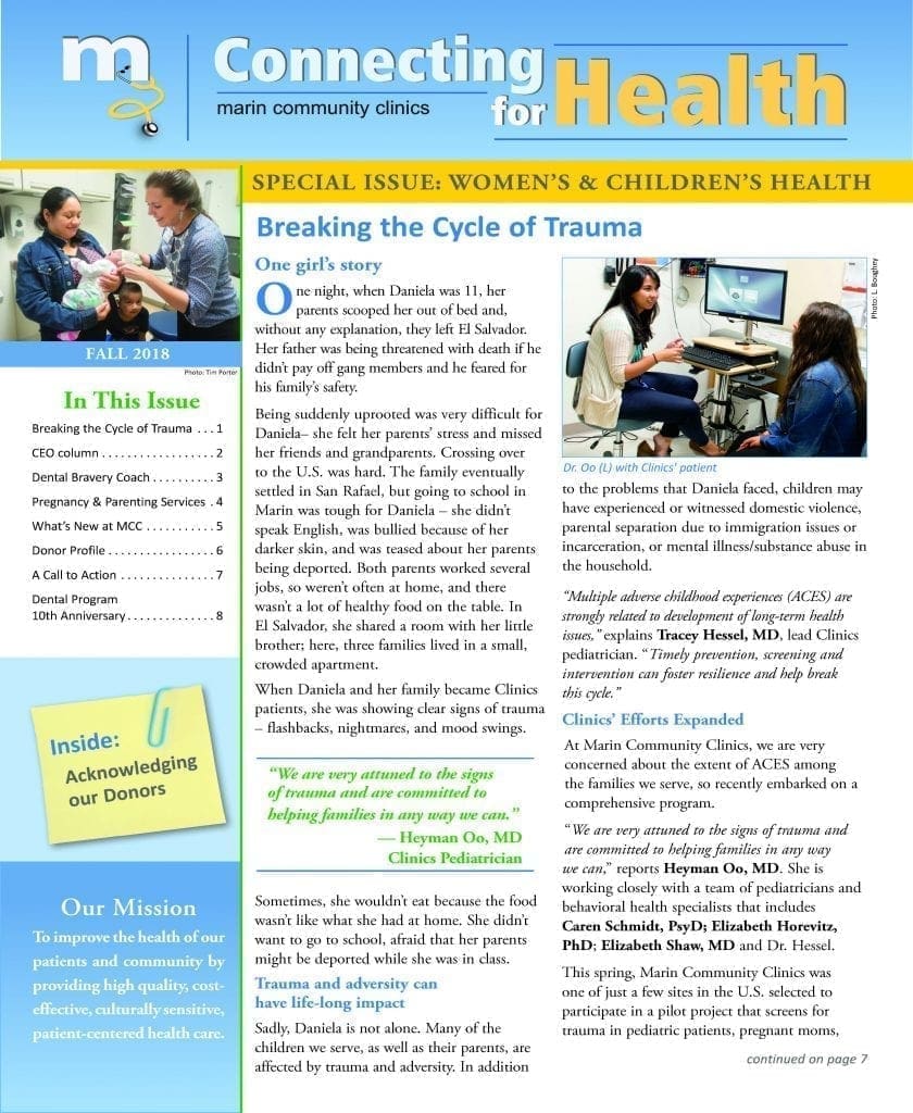 A newsletter page titled Breaking the Cycle of Trauma features a personal story, a sidebar listing contents, and graphics for fall 2018 and donor recognition. Text highlights women’s and childrens health issues.