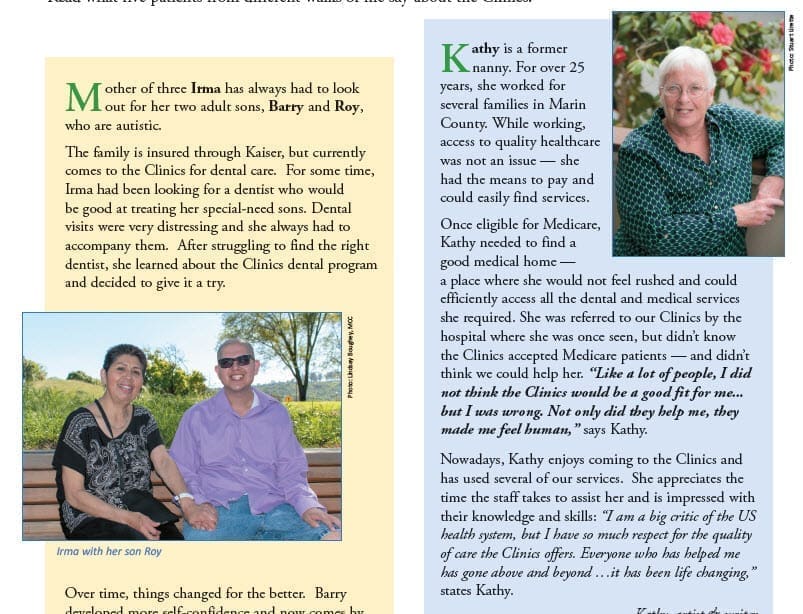 Two articles side by side. The left article features a photo of a smiling woman sitting outdoors with a man in sunglasses; caption reads, Irma with her son Roy. The right article includes a headshot of a smiling older woman.