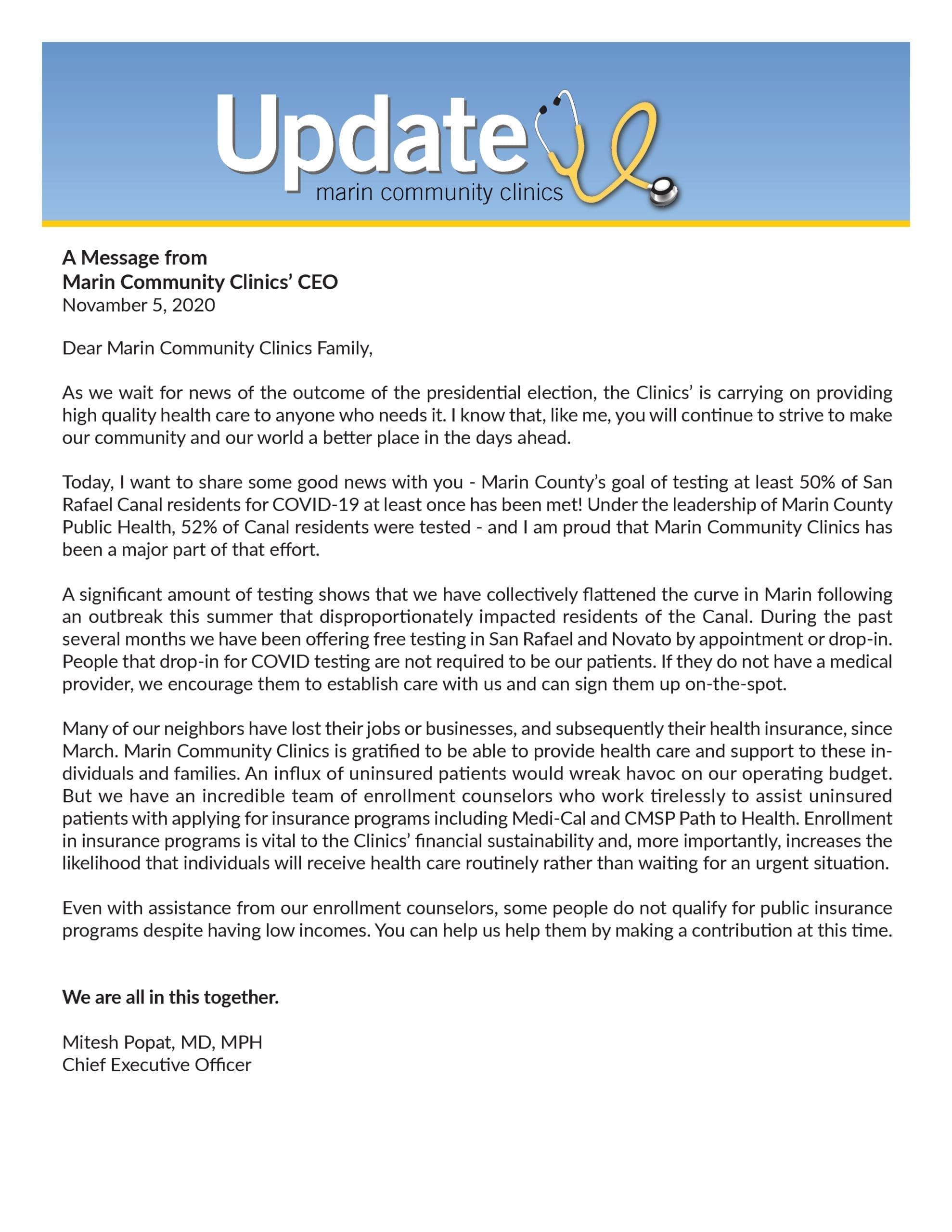 Flyer from Marin Community Clinics titled Update with a letter from the CEO, Dr. Mitesh Popat. The message discusses expanded COVID-19 testing, results, challenges faced by the community, and a request for donations.