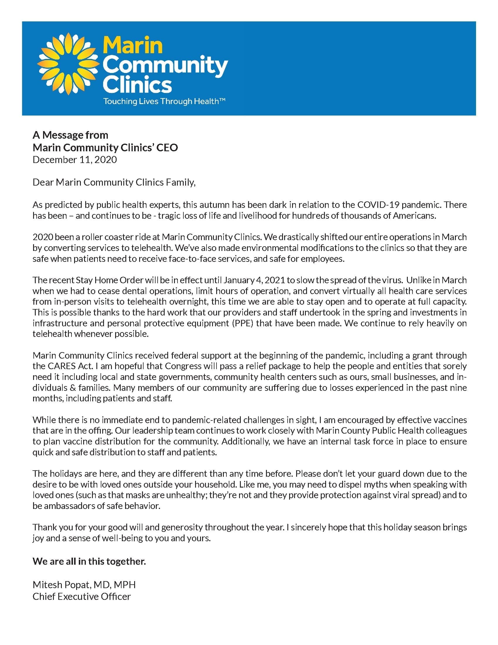 A letter on Marin Community Clinics’ letterhead from CEO Mitesh Popat, dated December 11, 2020, addressing COVID-19 impacts, clinic responses, and appreciation of staff, with hopeful holiday wishes.