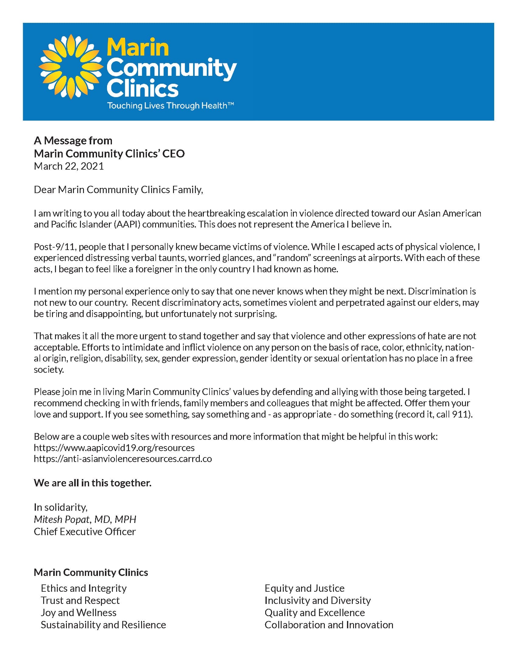 A letter from Marin Community Clinics’ CEO dated March 22, 2021, addresses recent violence against the Asian American and Pacific Islander community, emphasizes respect and inclusivity, and outlines the clinic’s core values.