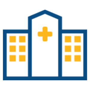 Simple illustration of a hospital building with a blue outline, yellow windows, and a yellow medical cross above the entrance.