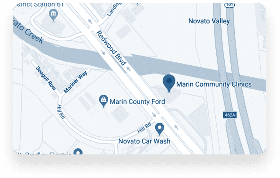 A map showing the location of Marin Community Clinics near Redwood Blvd and Hill Rd in Novato, California, with nearby landmarks including Marin County Ford and Novato Car Wash.