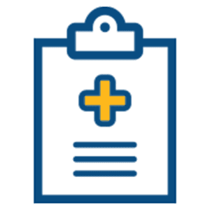 A blue clipboard with a yellow medical cross in the center and three horizontal lines below it, representing a medical or health document.