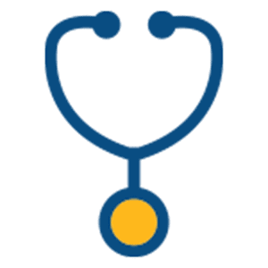 Simple illustration of a blue stethoscope with a yellow circle at the bottom, representing the chest piece, on a light gray background.