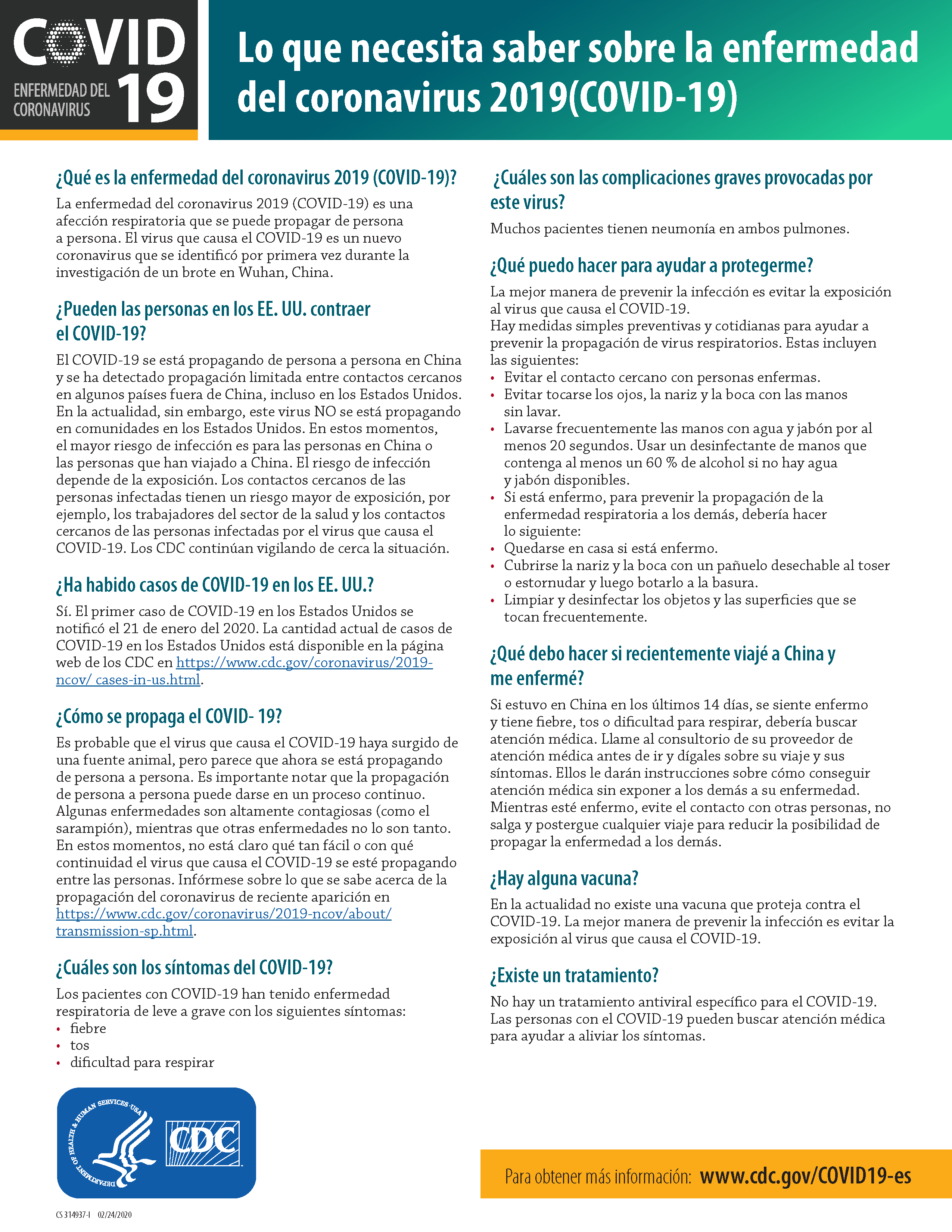 Informational flyer in Spanish from the CDC about COVID-19, explaining what it is, how it spreads, symptoms, complications, prevention tips, recommendations for travel to China, and where to get more information.