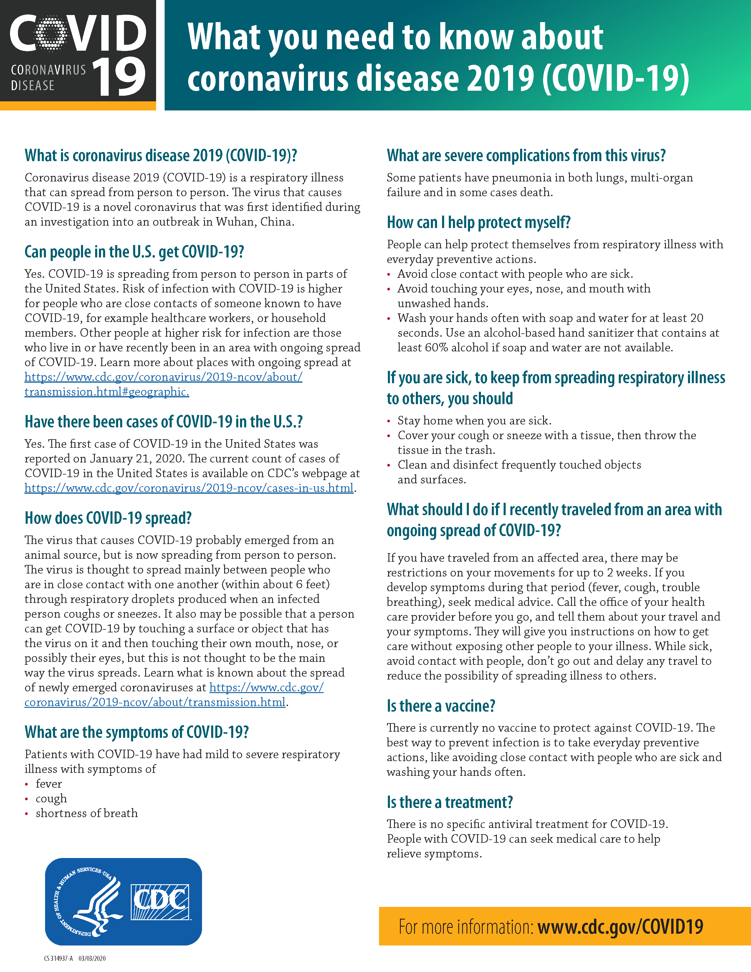 An informational flyer from the CDC about COVID-19, answering FAQs on symptoms, how it spreads, prevention tips, risk groups, and treatment options. Includes CDC logos and a link to www.cdc.gov/COVID19 for more details.
