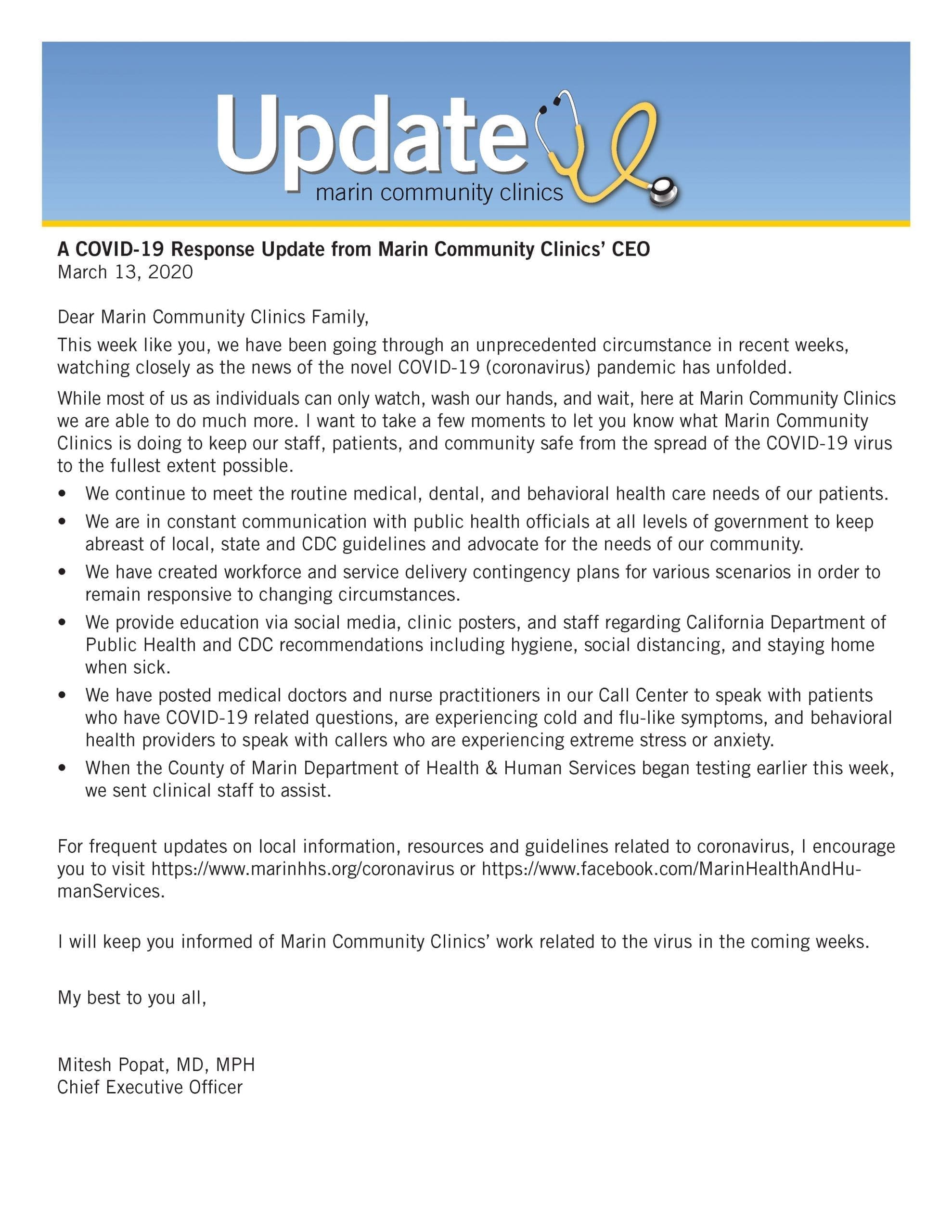 An official letter from Marin Community Clinics’ CEO, dated March 13, 2020, outlining their COVID-19 response, clinic measures, and recommendations for patient safety during the pandemic.