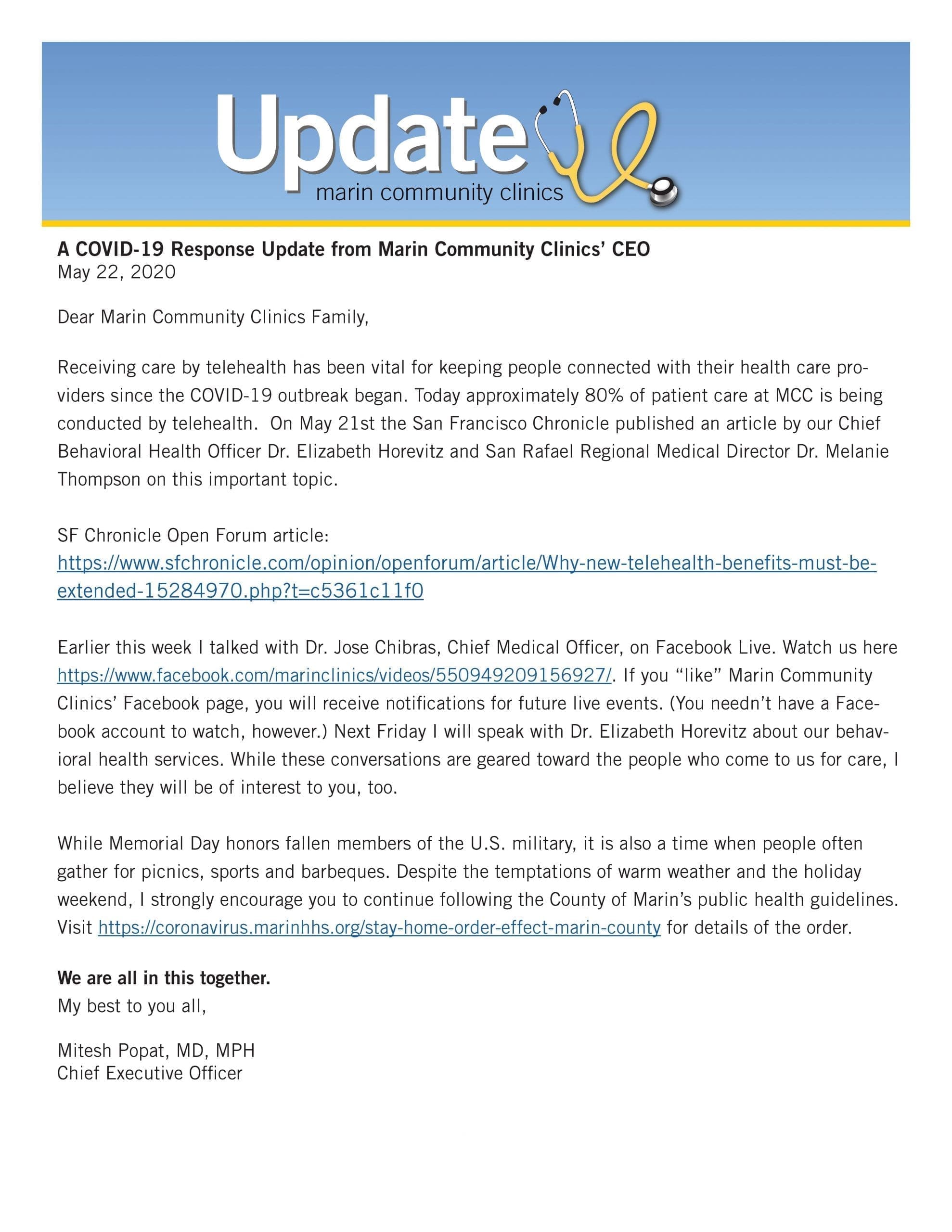 A letter from Marin Community Clinics with the heading Update: A COVID-19 Response Update from Marin Community Clinics’ CEO, discussing telehealth visits, linked articles, and resources, signed by Dr. Mitesh Popat.