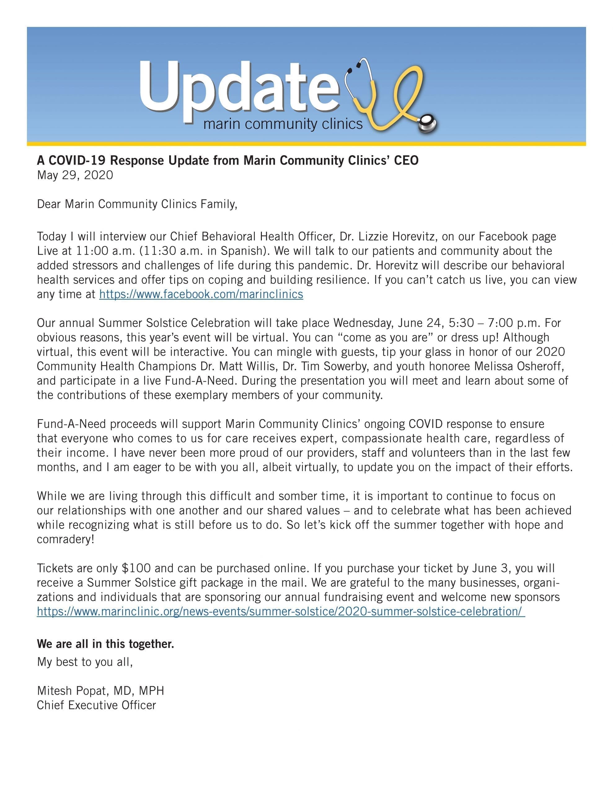 A letter from the Chief Executive Officer of Marin Community Clinics on official letterhead, dated May 29, 2020, detailing COVID-19 updates, upcoming events, and fundraising efforts for clinic support.