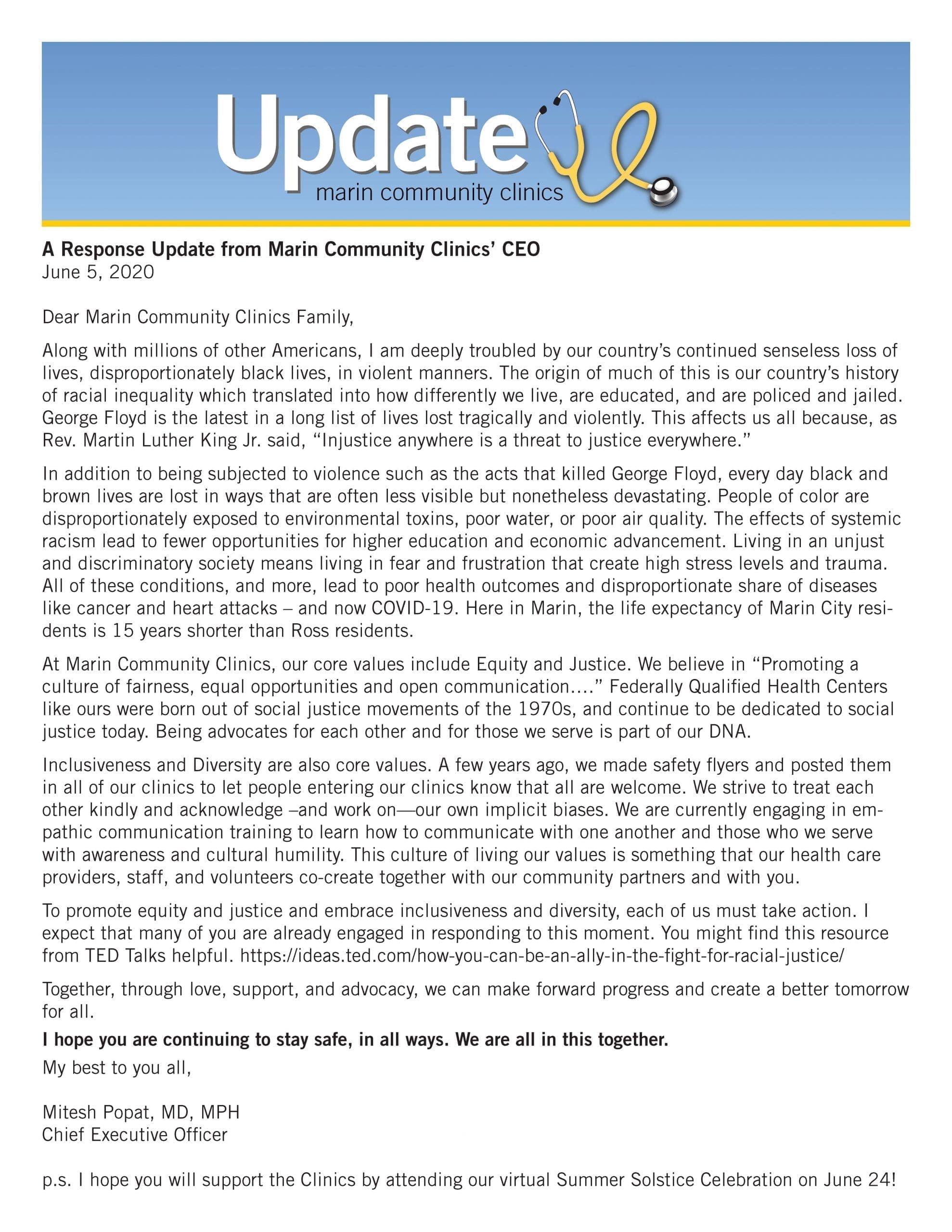 An announcement from Marin Community Clinics titled Update, dated June 5, 2020, features a letter from CEO Mitesh Popat addressing racial injustice, violence, and support for the Black community after George Floyds death.