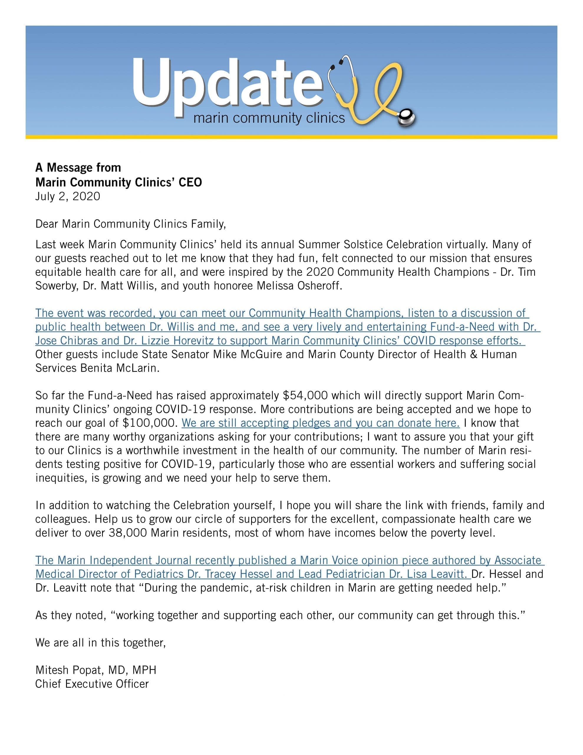 A letter from Marin Community Clinics CEO, featuring a summer-themed banner. The message discusses community support, a COVID-19 fundraiser, health champion videos, and resources, ending with a hopeful quote and the CEO’s signature at the bottom.