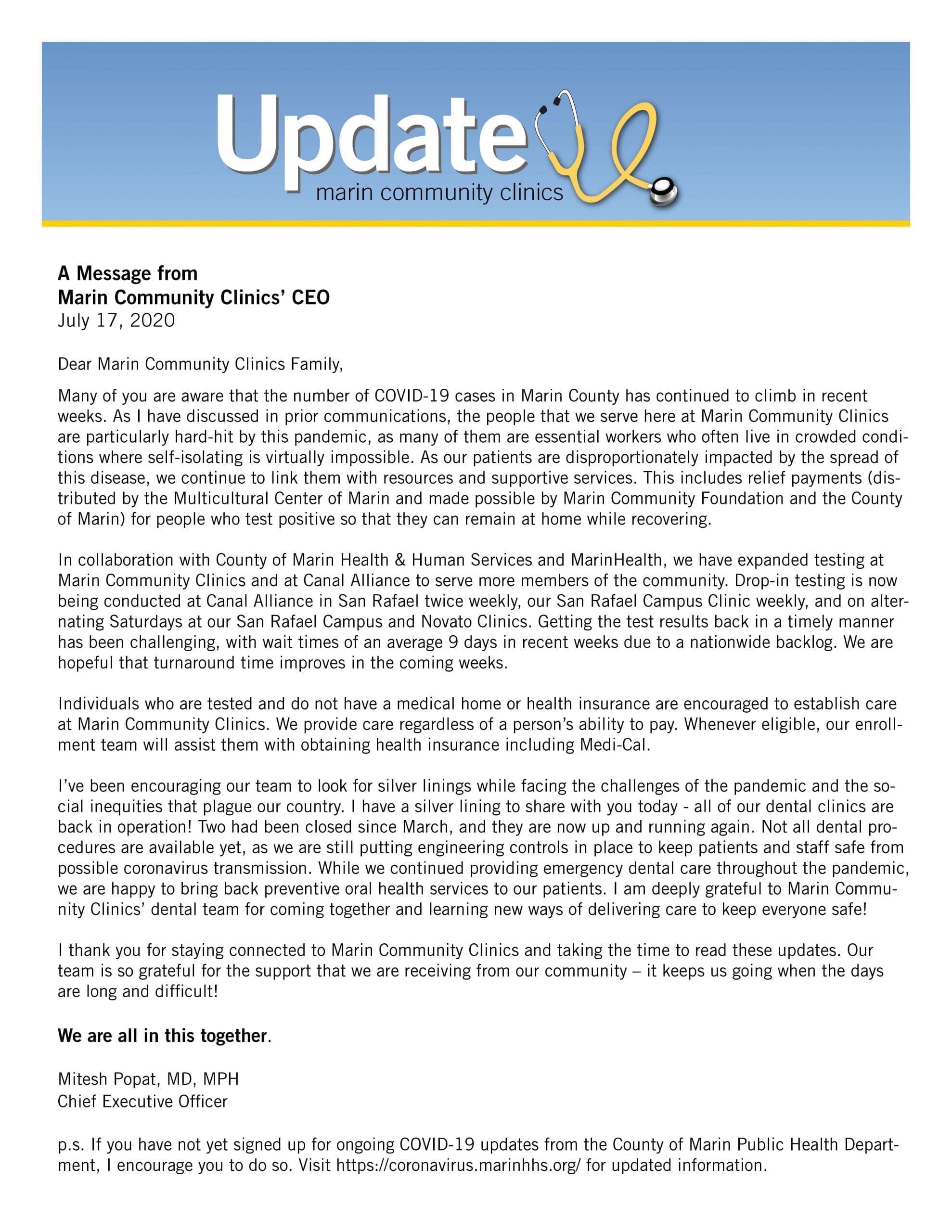 An informational letter from Marin Community Clinics features a “Update” banner at the top. The letter discusses COVID-19 updates, support for vulnerable groups, clinic operations, and includes a message from the CEO dated July 17, 2020.