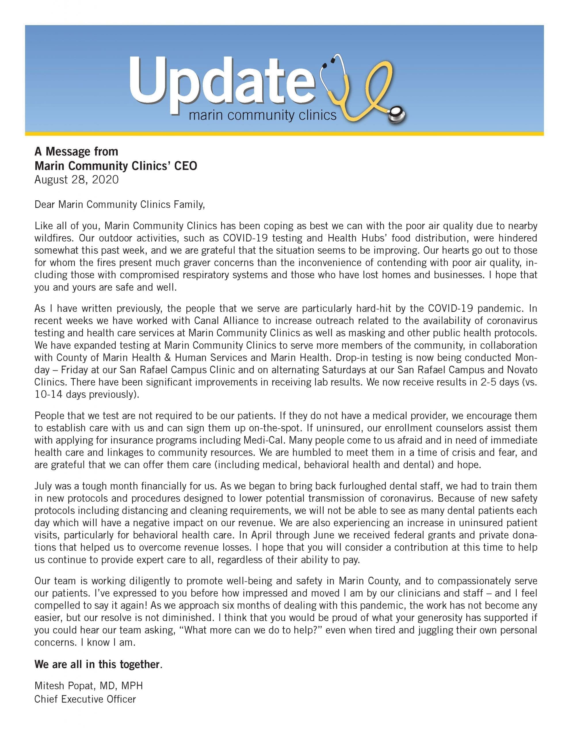 An official letter from Marin Community Clinics’ CEO, Mitseh Popat, MD, MPH, details their COVID-19 response, highlights staff efforts, patient care improvements, and emphasizes unity and commitment to community health.