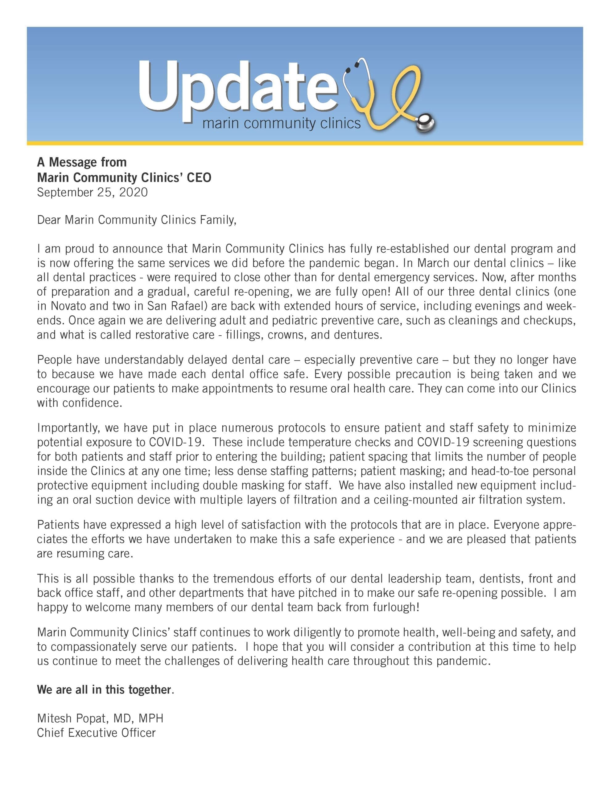 A letter from the CEO of Marin Community Clinics announcing the reopening of dental clinics after COVID-19 closures, outlining safety measures, changes in services, and expressing gratitude to staff and patients.