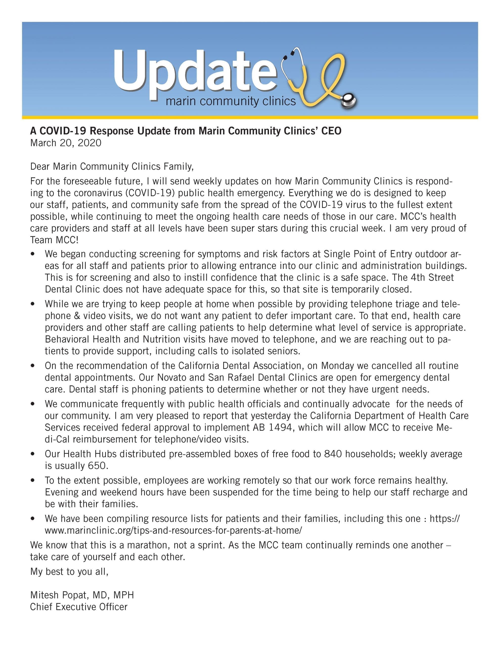 An update letter from Marin Community Clinics, titled A COVID-19 Response Update from Marin Community Clinics’ CEO, dated March 20, 2020, detailing service changes and appreciation for staff during the pandemic.