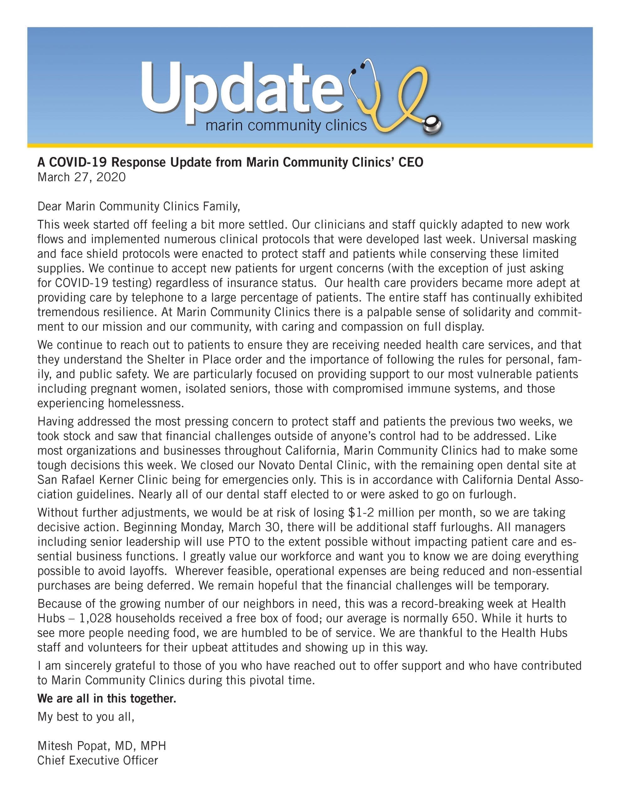 An update letter from Marin Community Clinics’ CEO details COVID-19 response measures, including new safety protocols, universal masking, and efforts to continue patient care during the pandemic. The letter is dated March 27, 2020.