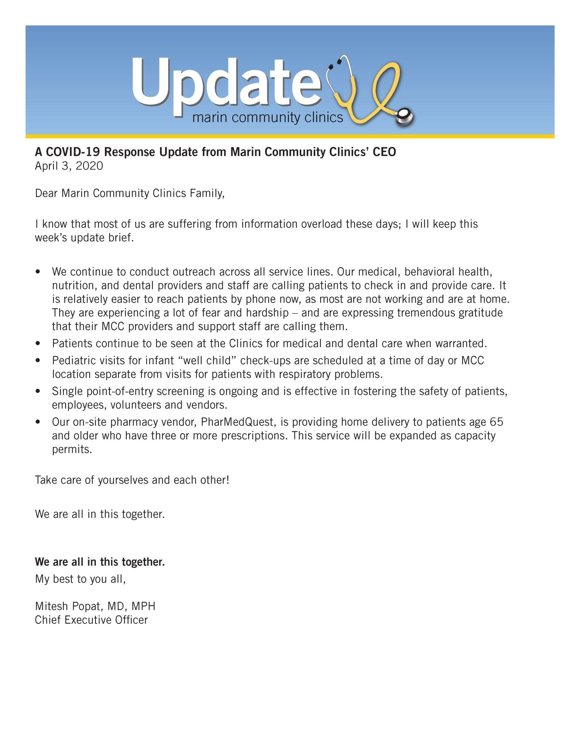 A COVID-19 response update letter from Marin Community Clinics’ CEO with the clinic’s logo at the top. The letter highlights safety measures, telemedicine, limited in-person care, and support for patients during the pandemic.