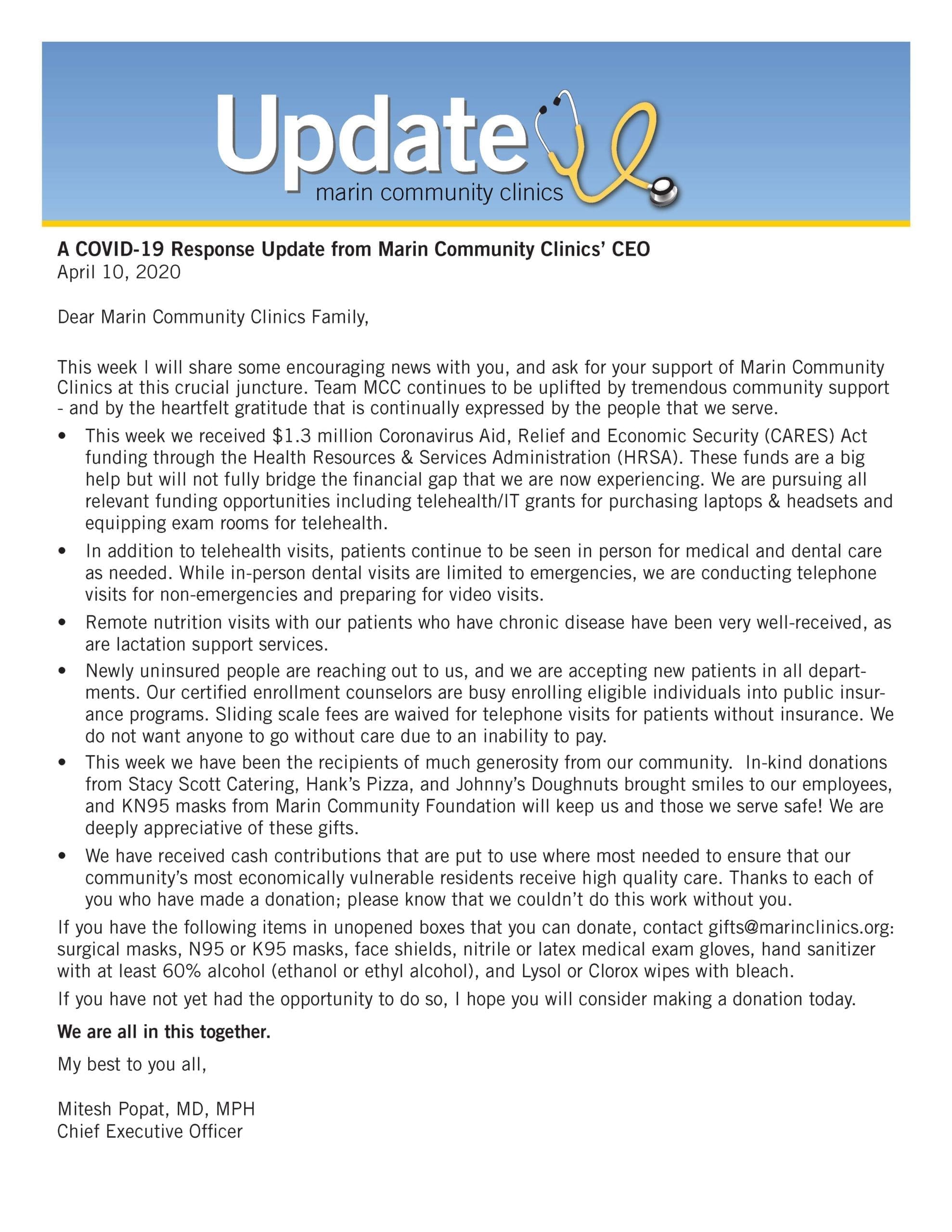 A letter from Marin Community Clinics’ CEO, titled A COVID-19 Response Update, discusses telehealth visits, virtual care, and safety measures during the pandemic. The letter is dated April 10, 2020, and signed by Mitesh Popat, MD, MPH.