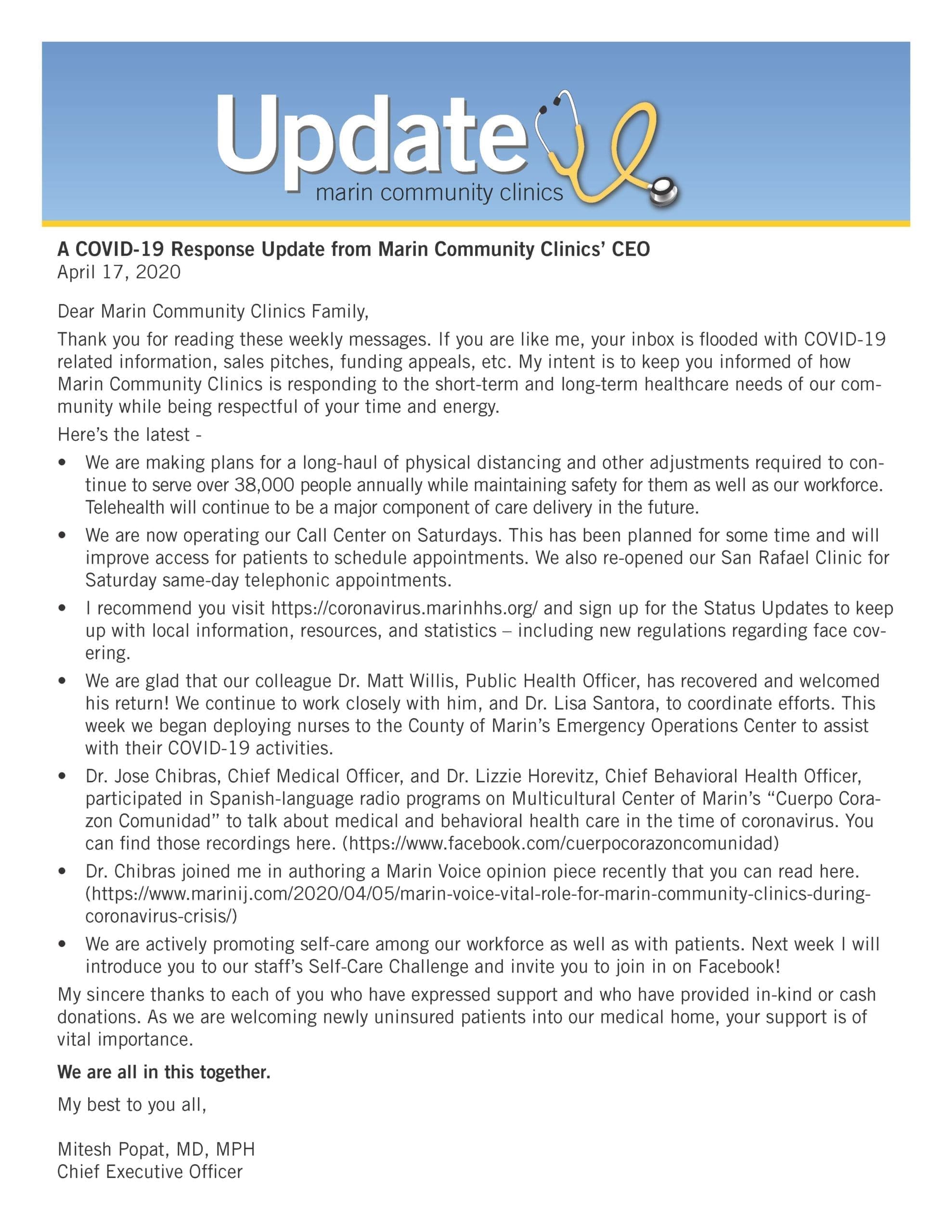 An April 17, 2020 letter from Marin Community Clinics CEO provides COVID-19 updates, outlines safety measures, and lists new telehealth and in-person services. The letter features clinic branding and contact information at the top.