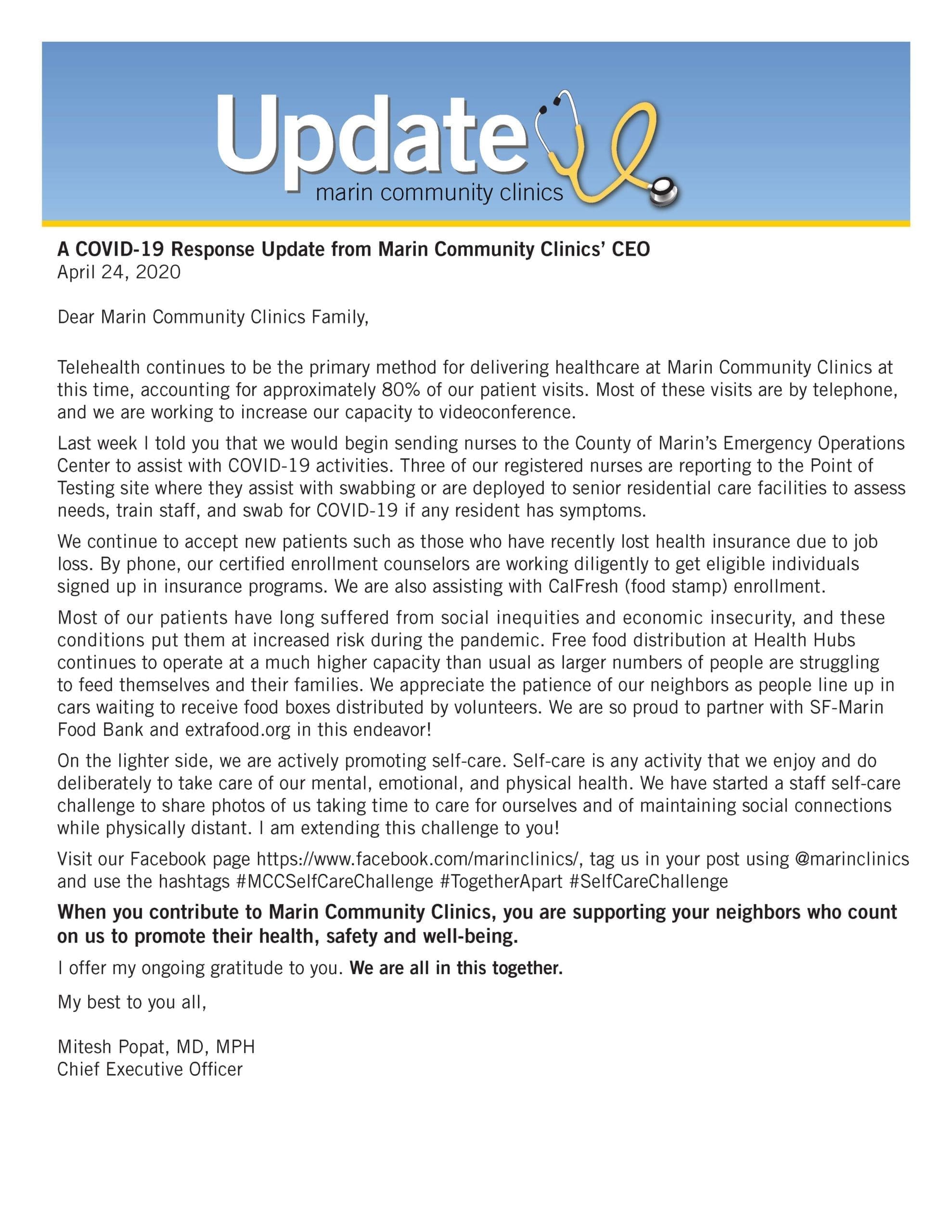 An official letter from Marin Community Clinics with the title A COVID-19 Response Update from Marin Community Clinics’ CEO, dated April 24, 2020, describing their telehealth efforts and community support during the pandemic.